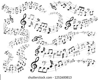 Musical notes. Music note swirl, melody pattern and sound waves with notes. Quaver musical song notes composition and treble clef isolated vector illustration symbols set