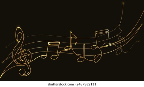 Musical notes. Music sheet. Line art. Musical symbols. Isolated on black background. Gold lines. Glowing music icons. Treble Clef. Music note. Music love. Melody, classical, sound design. Musical art
