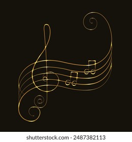 Notas musicales. Ficha musical. Símbolos musicales. Aislado sobre fondo negro. Líneas doradas. Iconos de música brillantes. Horquilla de agudos. Nota musical. Música, amor. Melodía, clásica, diseño de sonido. Arte musical
