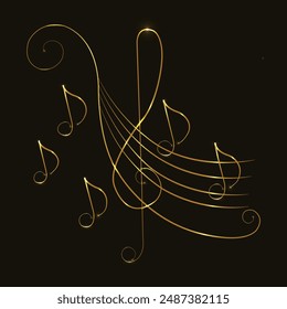 Musical notes. Music sheet. Line art. Musical symbols. Isolated on black background. Gold lines. Glowing music icons. Treble Clef. Music note. Music love. Melody, classical, sound design. Musical art
