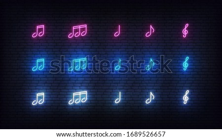 Musical notes neon set. Music notes glowing sign of purple, blue and white colors