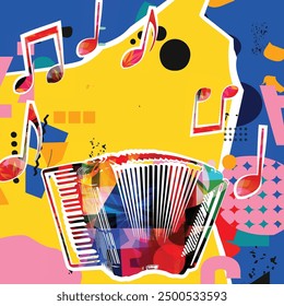 Musical notes on colorful backdrop. Colorful accordion design poster