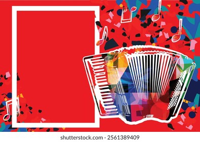 Musical notes on colorful backdrop. Colorful accordion design poster