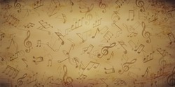  Musical Notes On Old Papyrus Paper.Retro Background For Design.Treble Clef.Vector , Illustration.