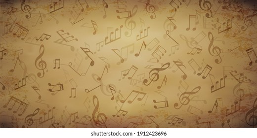  Musical notes on old papyrus paper.Retro background for design.Treble clef.Vector , illustration.