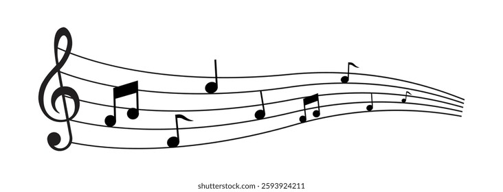 Musical notes on the musical state. Wave of musical song with notes and key symbol. Symphonic harmony and sound wave. Audio recording, sound rhythm. Musical notes on a stick. Vector illustrations