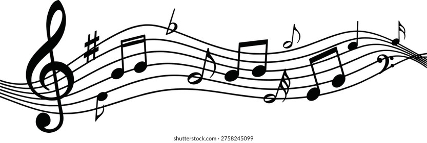 Musical notes on stave vector illustration, black wave music staff with treble clef isolated on a white background for design.