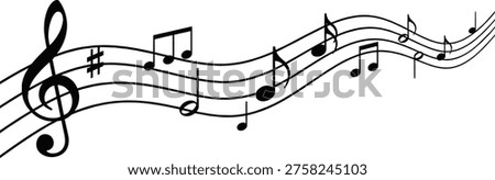 Musical notes on stave vector illustration, black wave music staff with treble clef isolated on a white background.