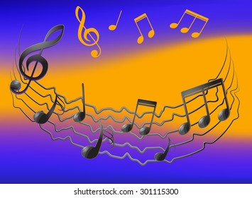 Musical notes on vibrating staff and colorfull background