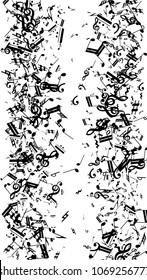 Musical Notes on White Background.  Vertical Orientation. Many Random Falling Notes, Bass and Treble Clef. Vector Musical Symbols.  Jazz Background. Abstract White and Black Vector Background.