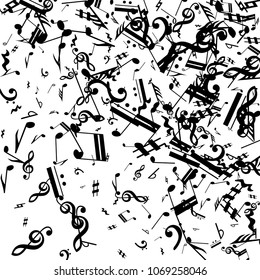 Musical Notes on White Background.  Many Random Falling Bass, Treble Clef and Notes. Vector Musical Symbols.  Jazz Background. Abstract Black and White Vector Background.