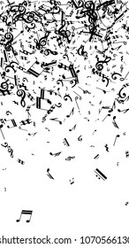Musical Notes on White Background.  Vertical Orientation. Many Random Falling Bass, Treble Clef and Notes. Vector Musical Symbols.  Jazz Background. Abstract White and Black Vector Background.