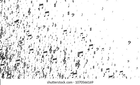 Musical Notes on White Background.  Many Random Falling Bass, Treble Clef and Notes. Vector Musical Symbols.  Jazz Background. Abstract White and Black Vector Background.