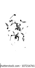 Musical Notes on White Background.  Vertical Orientation. Many Random Falling Bass, Treble Clef and Notes. Vector Musical Symbols.  Jazz Background. Abstract White and Black Vector Background.