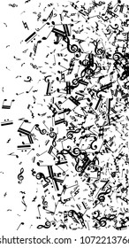 Musical Notes on White Background.  Vertical Orientation. Many Random Falling Notes, Bass and Treble Clef. Vector Musical Symbols.  Jazz Background. Abstract Black and White Vector Background.