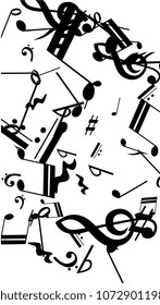 Musical Notes on White Background.  Vertical Orientation. Many Random Falling Notes, Bass and Treble Clef. Vector Musical Symbols.  Jazz Background. Abstract White and Black Vector Background.