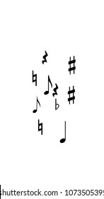 Musical Notes on White Background.  Vertical Orientation. Many Random Falling Bass, Treble Clef and Notes. Vector Musical Symbols.  Jazz Background. Abstract Black and White Vector Background.