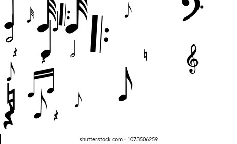 Musical Notes on White Background.  Many Random Falling Bass, Treble Clef and Notes. Vector Musical Symbols.  Jazz Background. Abstract Black and White Vector Background.