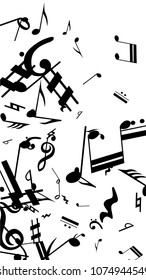 Musical Notes on White Background.  Vertical Orientation. Many Random Falling Bass, Treble Clef and Notes. Vector Musical Symbols.  Jazz Background. Abstract Black and White Vector Background.