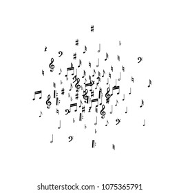 Musical Notes on White Background.  Many Random Falling Bass, Treble Clef and Notes. Vector Musical Symbols.  Jazz Background. Abstract Black and White Vector Background.