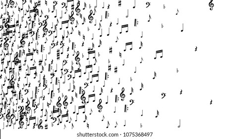 Musical Notes on White Background.  Many Random Falling Bass, Treble Clef and Notes. Vector Musical Symbols.  Jazz Background. Abstract White and Black Vector Background.