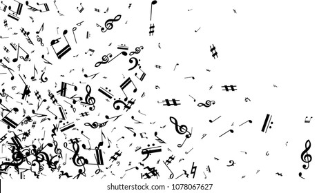 Musical Notes on White Background.  Many Random Falling Notes, Bass and Treble Clef. Vector Musical Symbols.  Abstract White and Black Vector Background. Jazz Background. 