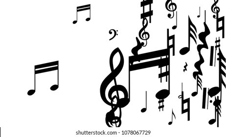 Musical Notes on White Background.  Many Random Falling Bass, Treble Clef and Notes. Vector Musical Symbols.  Abstract White and Black Vector Background. Jazz Background. 