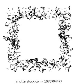 Musical Notes on White Background.  Many Random Falling Notes, Bass and Treble Clef. Vector Musical Symbols.  Jazz Background. Abstract White and Black Vector Background.