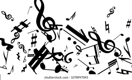 Musical Notes on White Background.  Many Random Falling Bass, Treble Clef and Notes. Vector Musical Symbols.  Jazz Background. Abstract White and Black Vector Background.