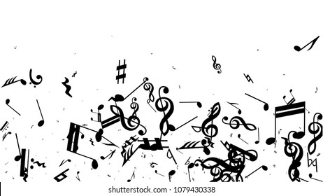 Musical Notes on White Background.  Many Random Falling Bass, Treble Clef and Notes. Vector Musical Symbols.  Jazz Background. Abstract White and Black Vector Background.