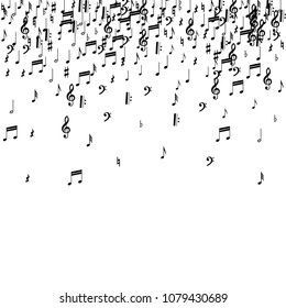 Musical Notes on White Background.  Many Random Falling Bass, Treble Clef and Notes. Vector Musical Symbols.  Jazz Background. Abstract Black and White Vector Background.