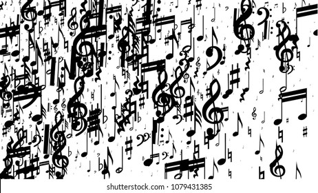 Musical Notes on White Background.  Many Random Falling Bass, Treble Clef and Notes. Vector Musical Symbols.  Jazz Background. Abstract Black and White Vector Background.