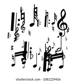 Musical Notes on White Background.  Many Random Falling Bass, Treble Clef and Notes. Vector Musical Symbols.  Jazz Background. Abstract White and Black Vector Background.