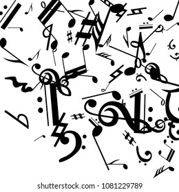 Musical Notes on White Background.  Many Random Falling Bass, Treble Clef and Notes. Vector Musical Symbols.  Abstract White and Black Vector Background. Jazz Background. 
