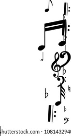 Musical Notes on White Background.  Vertical Orientation. Many Random Falling Notes, Bass and Treble Clef. Vector Musical Symbols.  Jazz Background. Abstract Black and White Vector Background.