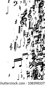 Musical Notes on White Background.  Vertical Orientation. Many Random Falling Notes, Bass and Treble Clef. Vector Musical Symbols.  Abstract White and Black Vector Background. Jazz Background. 