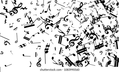 Musical Notes on White Background.  Many Random Falling Notes, Bass and Treble Clef. Vector Musical Symbols.  Jazz Background. Abstract White and Black Vector Background.