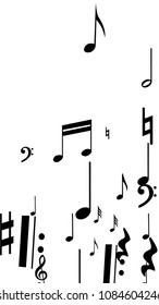 Musical Notes on White Background.  Vertical Orientation. Many Random Falling Notes, Bass and Treble Clef. Vector Musical Symbols.  Jazz Background. Abstract White and Black Vector Background.