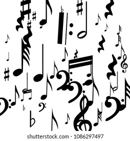 Musical Notes on White Background.  Many Random Falling Notes, Bass and Treble Clef. Vector Musical Symbols.  Jazz Background. Abstract Black and White Vector Background.