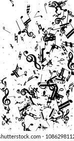 Musical Notes on White Background.  Vertical Orientation. Many Random Falling Notes, Bass and Treble Clef. Vector Musical Symbols.  Abstract White and Black Vector Background. Jazz Background. 