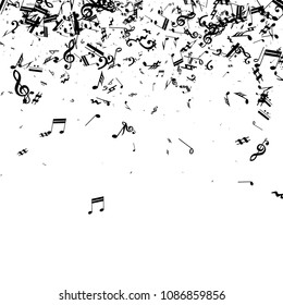 Musical Notes on White Background.  Many Random Falling Notes, Bass and Treble Clef. Vector Musical Symbols.  Abstract White and Black Vector Background. Jazz Background. 