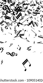 Musical Notes on White Background.  Vertical Orientation. Many Random Falling Notes, Bass and Treble Clef. Vector Musical Symbols.  Jazz Background. Abstract Black and White Vector Background.