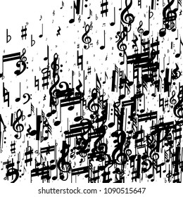 Musical Notes on White Background.  Many Random Falling Bass, Treble Clef and Notes. Vector Musical Symbols.  Abstract White and Black Vector Background. Jazz Background. 