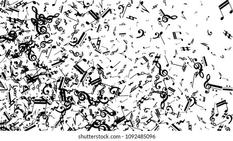 Musical Notes on White Background.  Many Random Falling Bass, Treble Clef and Notes. Vector Musical Symbols.  Abstract White and Black Vector Background. Jazz Background. 