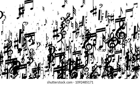 Musical Notes on White Background.  Many Random Falling Bass, Treble Clef and Notes. Vector Musical Symbols.  Jazz Background. Abstract White and Black Vector Background.