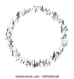 Musical Notes on White Background.  Many Random Falling Bass, Treble Clef and Notes. Vector Musical Symbols.  Abstract White and Black Vector Background. Jazz Background. 