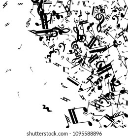 Musical Notes on White Background.  Many Random Falling Notes, Bass and Treble Clef. Vector Musical Symbols.  Abstract White and Black Vector Background. Jazz Background. 