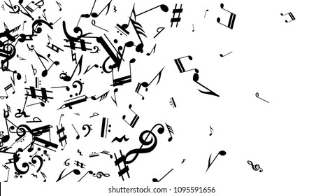 Musical Notes on White Background.  Many Random Falling Notes, Bass and Treble Clef. Vector Musical Symbols.  Abstract White and Black Vector Background. Jazz Background. 