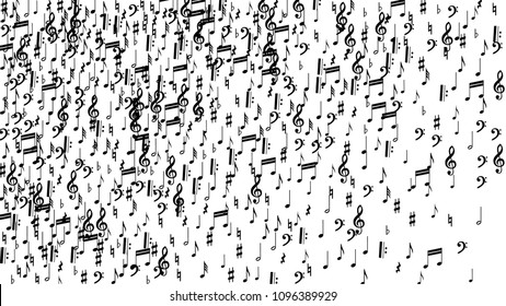 Musical Notes on White Background.  Many Random Falling Bass, Treble Clef and Notes. Vector Musical Symbols.  Jazz Background. Abstract Black and White Vector Background.