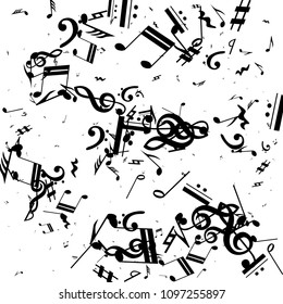 Musical Notes on White Background.  Many Random Falling Notes, Bass and Treble Clef. Vector Musical Symbols.  Jazz Background. Abstract White and Black Vector Background.
